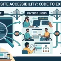 Diagram explaining ARIA website accessibility, showing the connection between ARIA code attributes, diverse users with a screen reader or wheelchair, and an improved inclusive web experience.