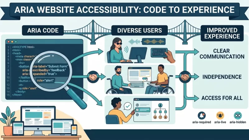 Diagram explaining ARIA website accessibility, showing the connection between ARIA code attributes, diverse users with a screen reader or wheelchair, and an improved inclusive web experience.
