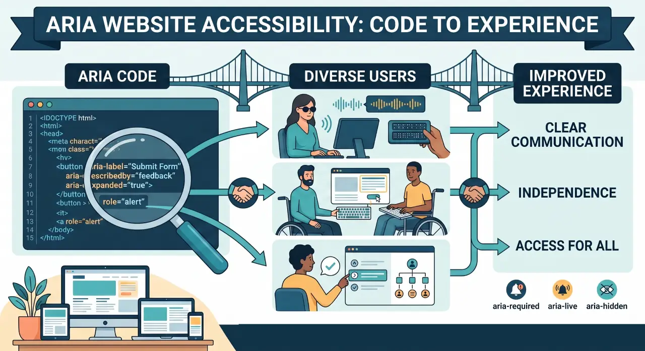 Diagram explaining ARIA website accessibility, showing the connection between ARIA code attributes, diverse users with a screen reader or wheelchair, and an improved inclusive web experience.