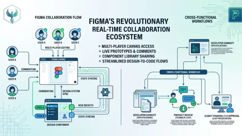 Technical infographic detailing Figma's real-time collaboration ecosystem and cross-functional design system workflows.