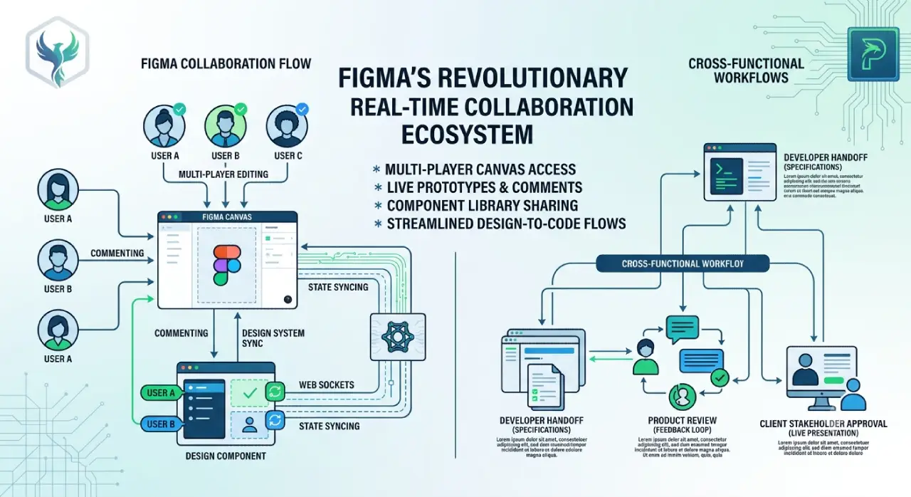 Technical infographic detailing Figma's real-time collaboration ecosystem and cross-functional design system workflows.