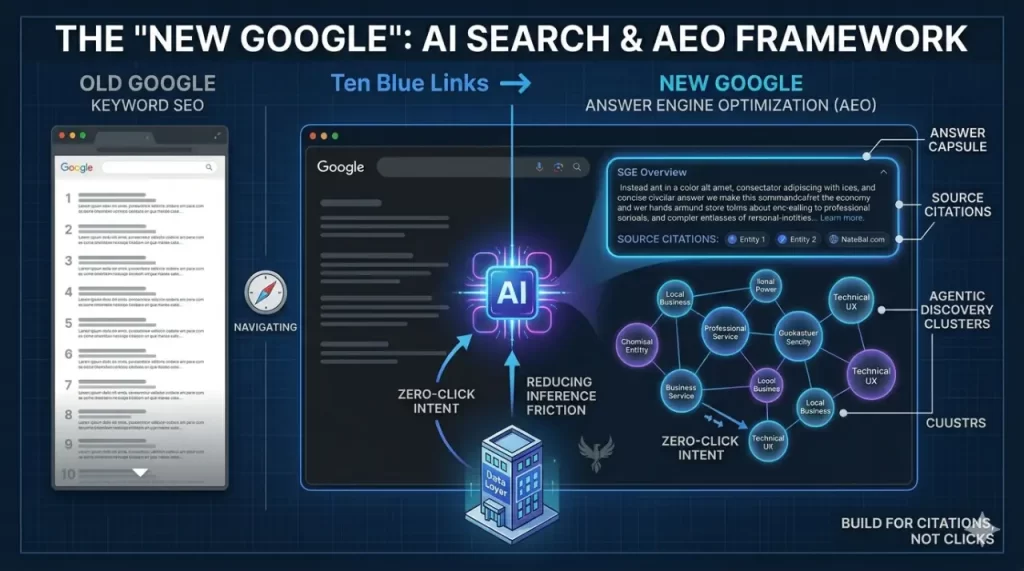 A technical infographic comparing traditional Keyword SEO with the new Answer Engine Optimization (AEO) framework, highlighting AI Overviews, source citations, and agentic discovery clusters.