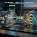 A technical visualization of Semantic UX Architecture on NateBal.com showing the transition from automotive HMI cockpit design to an LLM-readable knowledge graph, reducing inference friction for AI agents.