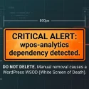 Warning graphic showing wpos-analytics dependency error causing WordPress White Screen of Death (WSOD)