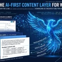 Technical schematic diagram of a WordPress AI-First Content Layer featuring a luminous blue phoenix rising out of an unoptimized web dashboard, transforming raw data pipelines into a structured semantic agentic layer with unstyled details disclosure code, context-wrapped hyperlinks, and JSON-LD schema metrics for LLM crawler optimization.