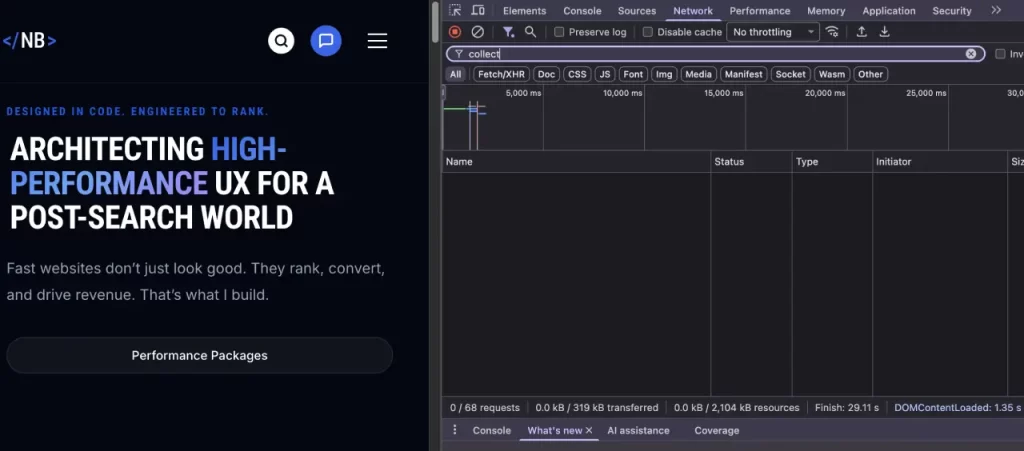 How to Set Up GA4 in GTM: A Developer’s Guide to Fixing a Data Flatline Chrome DevTools search bar showing a "0 of 0" result for GTM code in the website source.