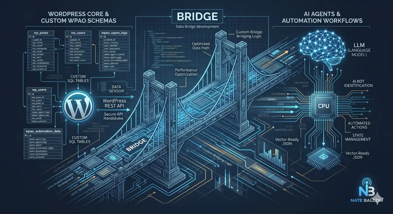 Technical diagram of a WordPress Database Bridge showing custom wpao table integration between a WordPress core and an AI automation agent.
