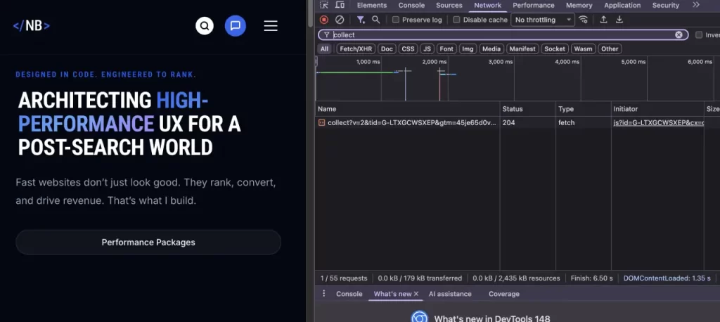 How to Set Up GA4 in GTM: A Developer’s Guide to Fixing a Data Flatline Chrome DevTools Elements tab showing the GTM container ID successfully highlighted in the website header after installation.