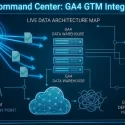 A technical command center display showing a live data architecture map for GA4 and GTM, featuring a radio tower data entry point, GA4 data warehouse, and asynchronous GTM deployment.