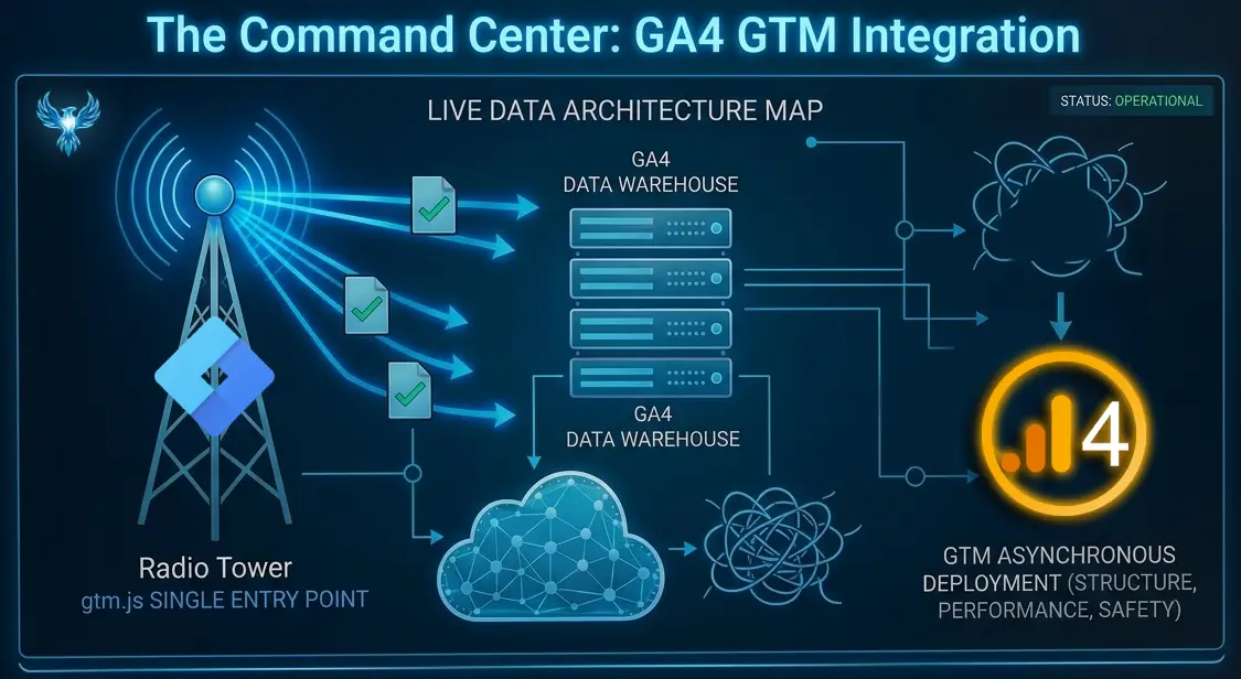 A technical command center display showing a live data architecture map for GA4 and GTM, featuring a radio tower data entry point, GA4 data warehouse, and asynchronous GTM deployment.