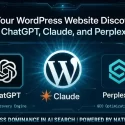 echnical WordPress architecture diagram showing integration steps to get your website discovered on ChatGPT, Claude, and Perplexity AI search platforms.