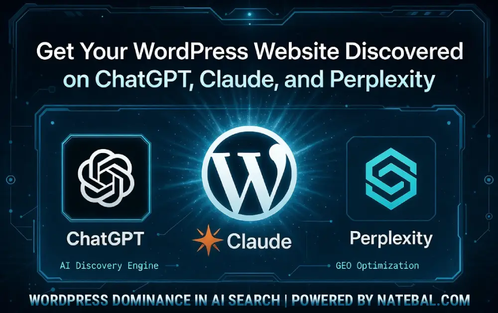 echnical WordPress architecture diagram showing integration steps to get your website discovered on ChatGPT, Claude, and Perplexity AI search platforms.