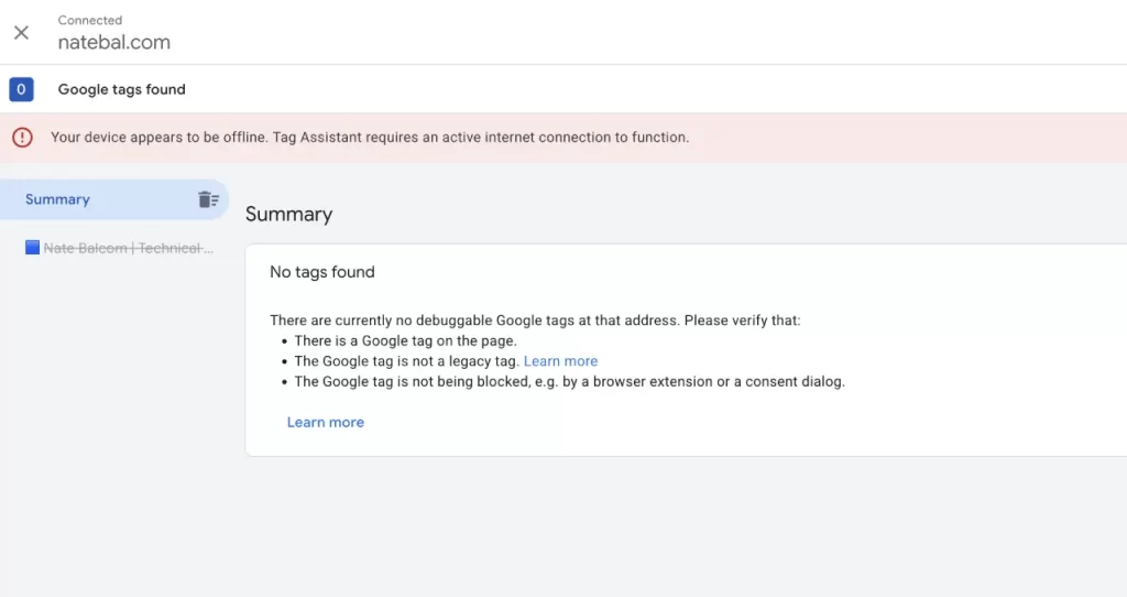 How to Set Up GA4 in GTM: A Developer’s Guide to Fixing a Data Flatline Google Tag Assistant window displaying a "No tags found" error message for a live website.