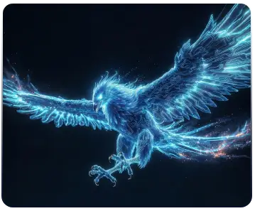 A sleek, tech-focused blue phoenix swooping down with extended talons to illustrate a business website actively capturing high-intent traffic and converting hot leads.