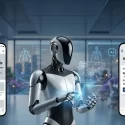 A technical comparison of agentic commerce in 2026 featuring a Tesla Optimus Gen 2 robot interacting with a transparent interface. On the left, a traditional mobile landing page represents 'Inference Friction,' while the right display shows an 'Answer Engine' result for Nate Balcom’s AEO architecture, featuring a verified 'Book Consultation' action button optimized for autonomous AI agents.