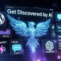High-tech interface graphic featuring a glowing blue phoenix emblem, WordPress logo, and performance optimization blocks showing sub-2-second loading times for Oakland County small business web design and AI engine discovery.