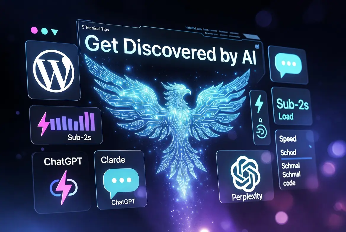 High-tech interface graphic featuring a glowing blue phoenix emblem, WordPress logo, and performance optimization blocks showing sub-2-second loading times for Oakland County small business web design and AI engine discovery.