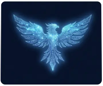 A glowing blue technical phoenix emblem styled with internal circuit board lines representing a clean, high-performance website architecture layout for local business platforms.