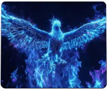 An majestic blue phoenix rising upward through intense neon fire, symbolizing a small business website breaking through local search competition into AI discovery engines.