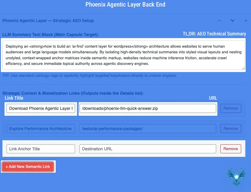 Why Traditional SEO Is Dead: How to Build an AI Content Layer | Free Plugin for WordPress Screenshot of the Phoenix Agentic Layer Plugin backend.