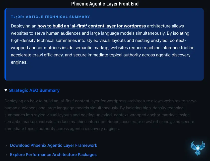 Why Traditional SEO Is Dead: How to Build an AI Content Layer | Free Plugin for WordPress Screenshot of Phoenix Agentic Layer Plugin Front End