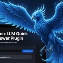 A screenshot of the Phoenix LLM Quick Answer Plugin on a laptop screen, displaying a user-interface for entering a question and receiving an AI-generated response, set against a dark blue background with a large glowing blue phoenix.