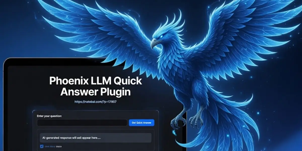 A screenshot of the Phoenix LLM Quick Answer Plugin on a laptop screen, displaying a user-interface for entering a question and receiving an AI-generated response, set against a dark blue background with a large glowing blue phoenix.