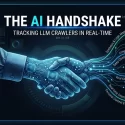 A technical visualization of the AI Handshake protocol showing real-time tracking of LLM crawlers including ChatGPT-User, Claude-SearchBot, and PerplexityBot against an OLED-optimized Project Phoenix architectural background.