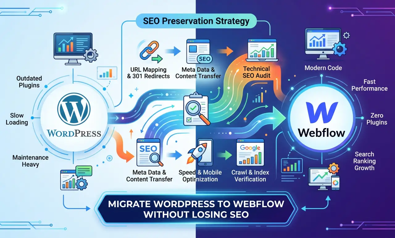 The WordPress to Webflow Migration Trap: How to Migrate WordPress to Webflow Without Losing SEO Infographic showing how to migrate WordPress to Webflow without losing SEO, mapping URL redirection, metadata transfer, technical audits, and speed optimization steps.