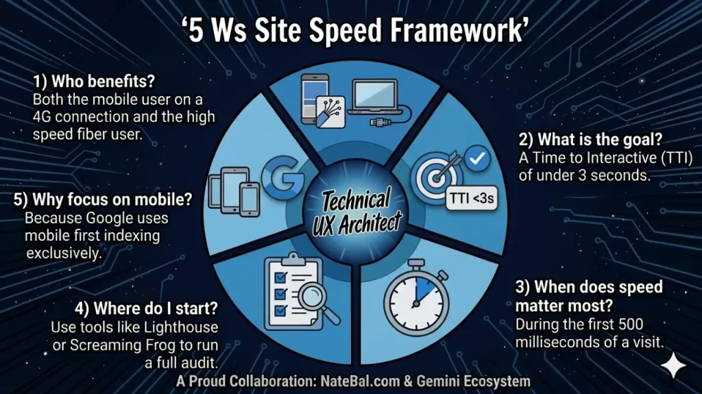 Circular Infographic showing the Nate Balcom 5 Ws Site Speed Framework for AEO