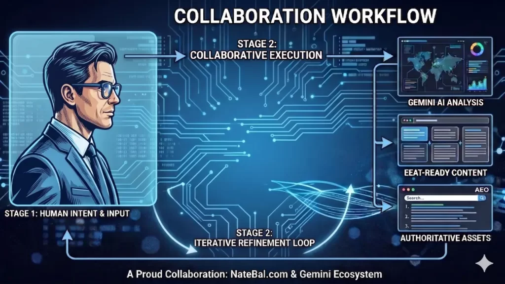 Comic Book Style Architectural blueprint showing the cognitive data flow and systems logic for human-AI collaboration in complex software environments.