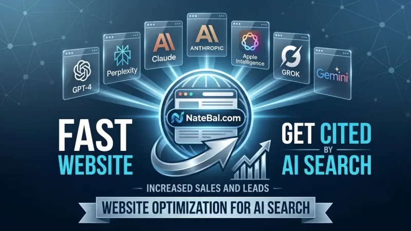 Infographic showing NateBal.com optimizing a fast website to connect with AI search engines including ChatGPT, Perplexity, Claude, Anthropic, Apple Intelligence, Grok, and Gemini to increase business sales and leads.