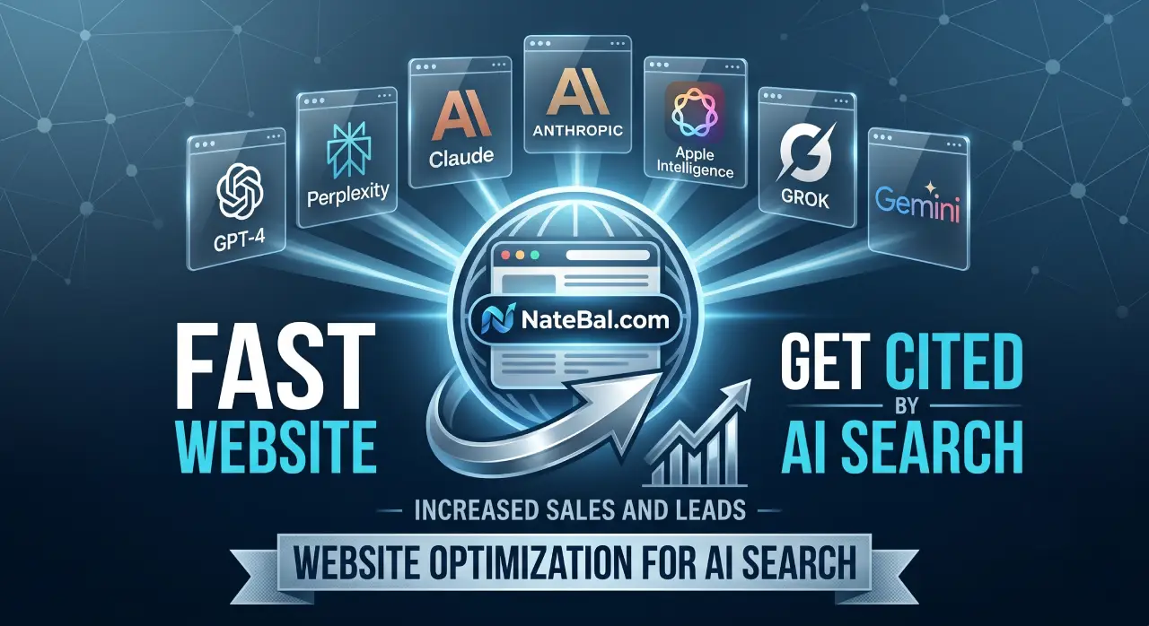 Infographic showing NateBal.com optimizing a fast website to connect with AI search engines including ChatGPT, Perplexity, Claude, Anthropic, Apple Intelligence, Grok, and Gemini to increase business sales and leads.