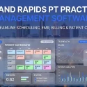 Conceptual UI dashboard for "Grand Rapids PT Practice Management Software" set against a blurred city skyline. The graphic displays features to streamline scheduling, EMR, billing, and patient care. Included are transparent panels for Patient Scheduling, Telehealth (Start Video Call), Billing graphs, EMR Notes, Revenue, and Patient Analytics.