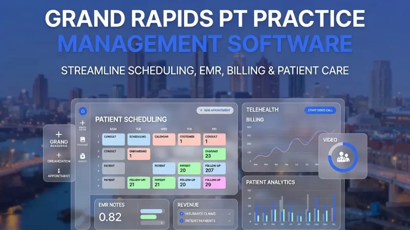 Conceptual UI dashboard for "Grand Rapids PT Practice Management Software" set against a blurred city skyline. The graphic displays features to streamline scheduling, EMR, billing, and patient care. Included are transparent panels for Patient Scheduling, Telehealth (Start Video Call), Billing graphs, EMR Notes, Revenue, and Patient Analytics.
