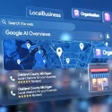 A futuristic, high-tech user interface overlay showing a Google AI Overviews dashboard with a digital blue map of Michigan, custom local business schema markup tabs, and star ratings for Oakland County business citations.