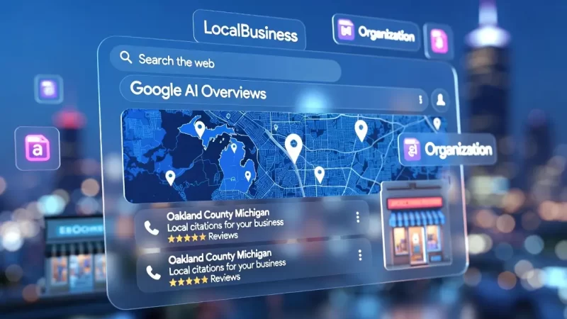 A futuristic, high-tech user interface overlay showing a Google AI Overviews dashboard with a digital blue map of Michigan, custom local business schema markup tabs, and star ratings for Oakland County business citations.