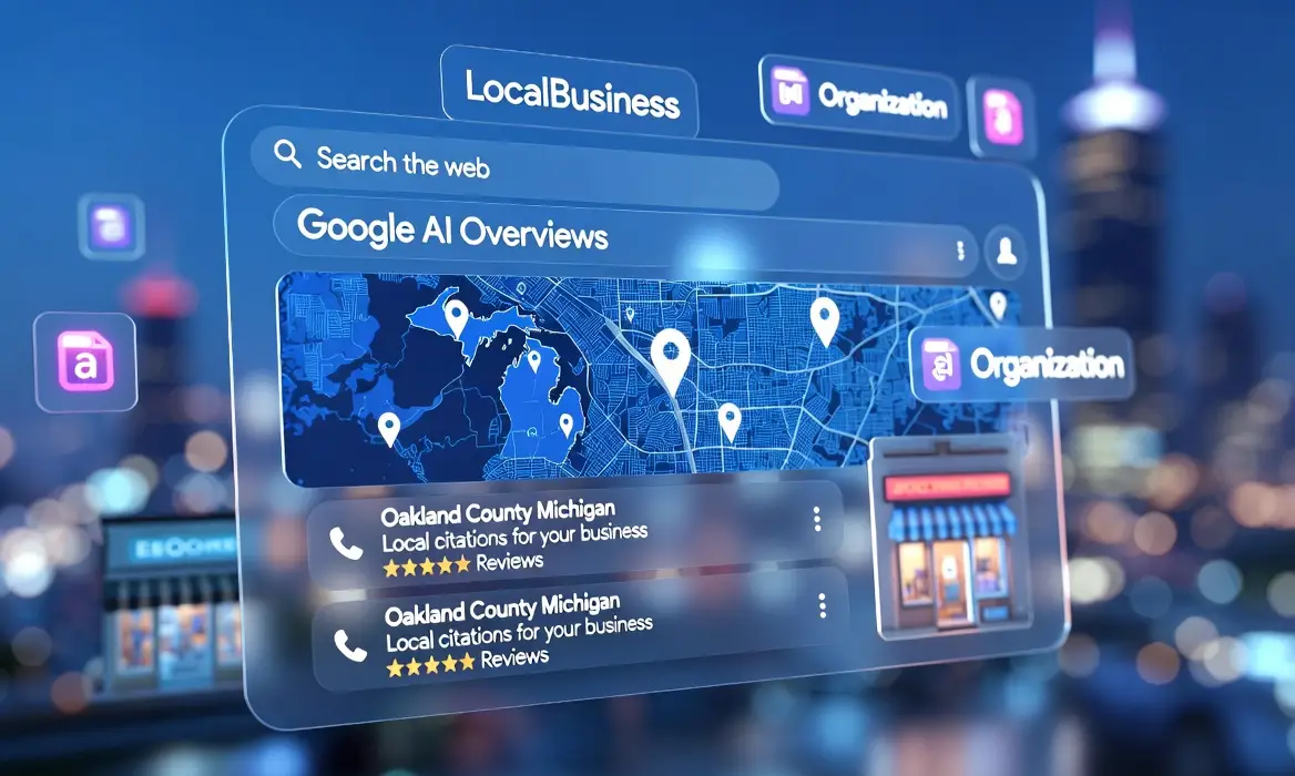 A futuristic, high-tech user interface overlay showing a Google AI Overviews dashboard with a digital blue map of Michigan, custom local business schema markup tabs, and star ratings for Oakland County business citations.