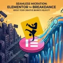 A wide conceptual diagram of a WordPress website migration. On the left, a dark, crumbling digital city represents Elementor builder bloat, deep DOM nesting, and wiring tangles. In the center, a yellow Breakdance logo symbol with a breakdancer icon stands dynamically balanced on top of a pink Elementor logo symbol. On the right, a vibrant, modern neon skyline represents a fast, search-optimized website labeled AEO ready, GEO ready, and SEO optimized under a bright sun with target icons for artists, writers, and photographers.