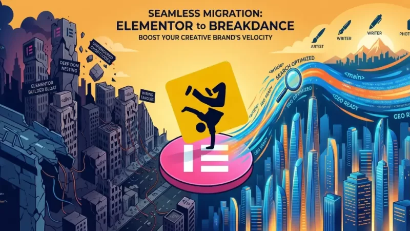 A wide conceptual diagram of a WordPress website migration. On the left, a dark, crumbling digital city represents Elementor builder bloat, deep DOM nesting, and wiring tangles. In the center, a yellow Breakdance logo symbol with a breakdancer icon stands dynamically balanced on top of a pink Elementor logo symbol. On the right, a vibrant, modern neon skyline represents a fast, search-optimized website labeled AEO ready, GEO ready, and SEO optimized under a bright sun with target icons for artists, writers, and photographers.