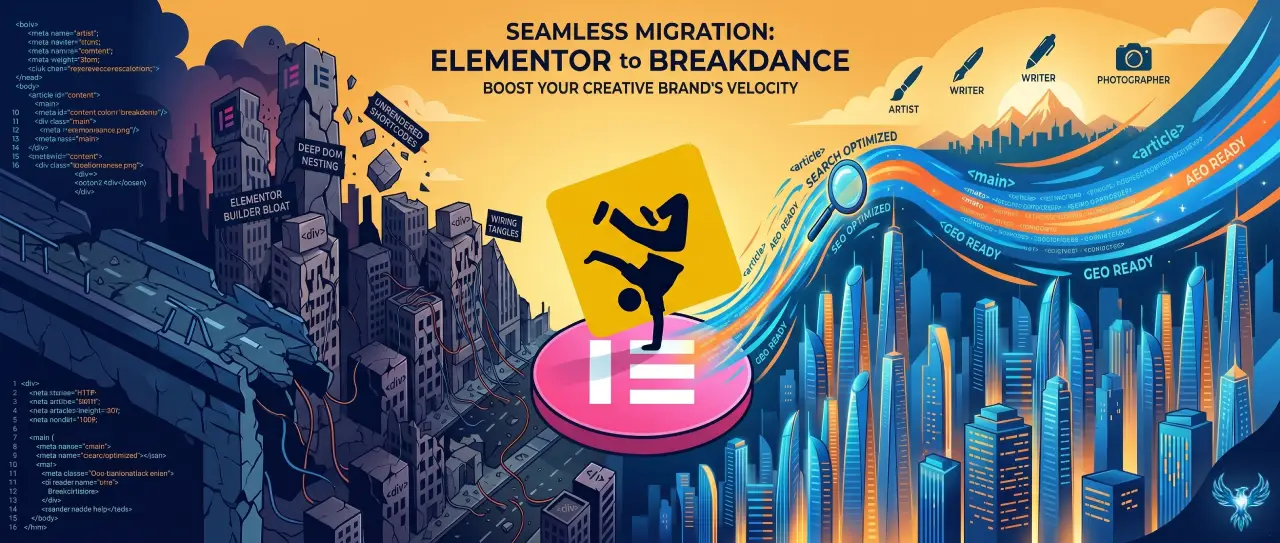 A wide conceptual diagram of a WordPress website migration. On the left, a dark, crumbling digital city represents Elementor builder bloat, deep DOM nesting, and wiring tangles. In the center, a yellow Breakdance logo symbol with a breakdancer icon stands dynamically balanced on top of a pink Elementor logo symbol. On the right, a vibrant, modern neon skyline represents a fast, search-optimized website labeled AEO ready, GEO ready, and SEO optimized under a bright sun with target icons for artists, writers, and photographers.