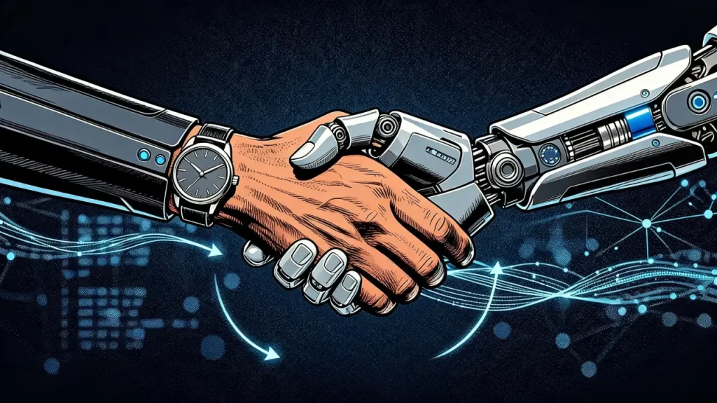 A Marvel comic book style technical visualization of a human-robot handshake representing the Project Phoenix collaboration protocol at NateBal.com, optimized for AI search engine indexing.