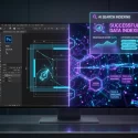 A high-contrast desktop monitor demonstrating image formatting for Google AI overview Citations, featuring a dark Adobe Photoshop user interface with cyan vector paths on the left and a neon violet digital matrix showing successful AI search indexing data on the right.