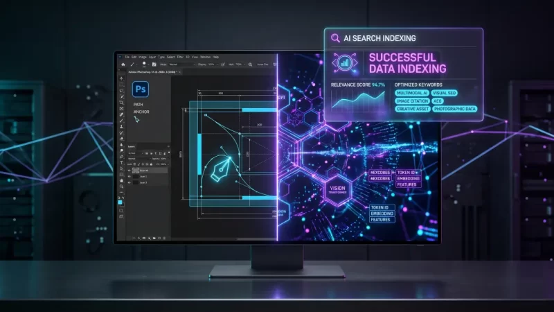 A high-contrast desktop monitor demonstrating image formatting for Google AI overview Citations, featuring a dark Adobe Photoshop user interface with cyan vector paths on the left and a neon violet digital matrix showing successful AI search indexing data on the right.