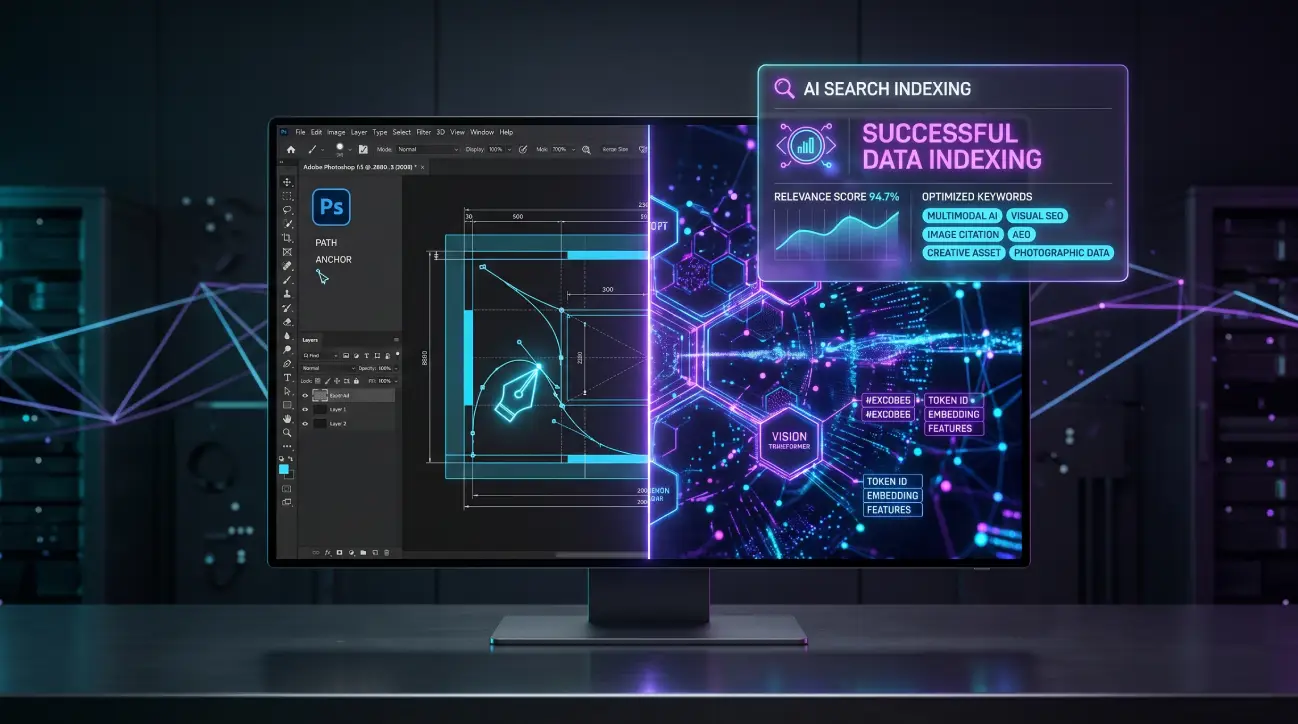 Image Formatting for Google AI Overview Citations: The Playbook for Getting Featured A high-contrast desktop monitor demonstrating image formatting for Google AI overview Citations, featuring a dark Adobe Photoshop user interface with cyan vector paths on the left and a neon violet digital matrix showing successful AI search indexing data on the right.