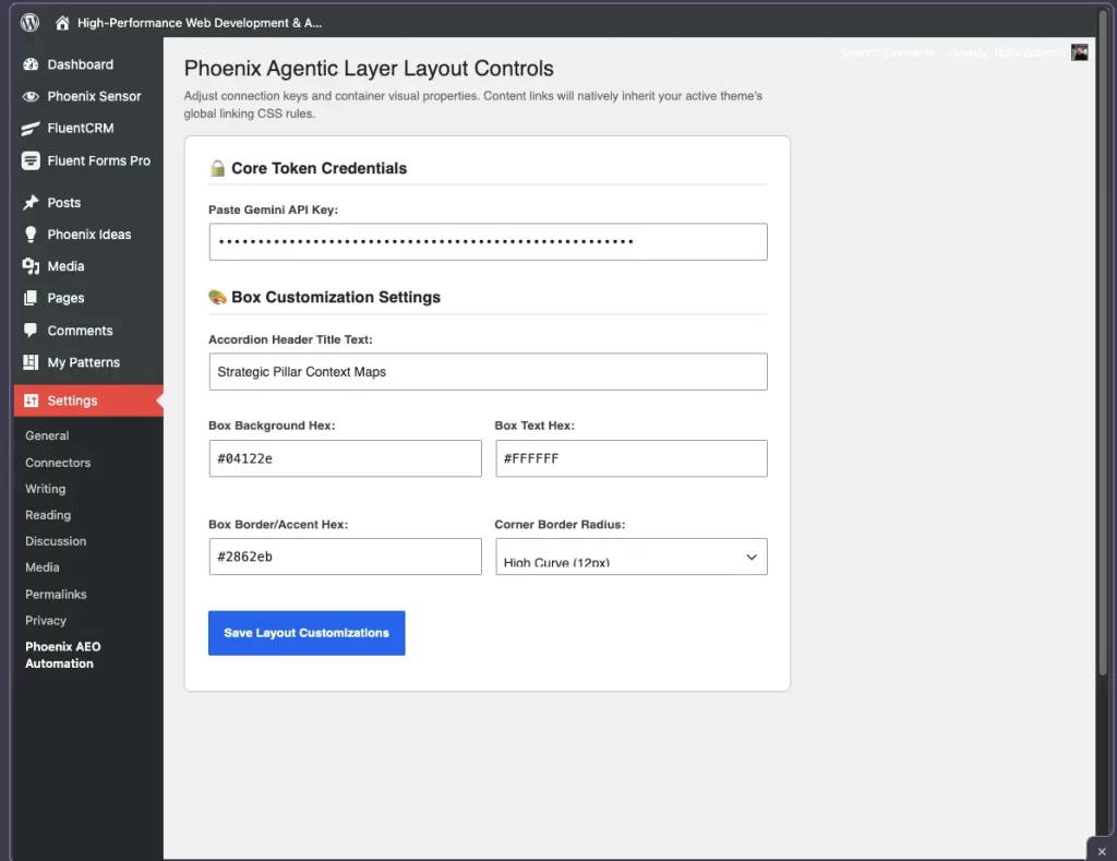 Free Answer Engine Optimization WordPress Plugin | Unlock Massive LLM Traffic: Download Phoenix Agentic Answer 1st WordPress dashboard interface for Phoenix Agentic Layer Layout Controls, showing input fields for Core Token Credentials to paste a Gemini API Key, alongside Box Customization Settings including Accordion Header Title Text set to Strategic Pillar Context Maps, color hex codes for box background, text, and border accent, and a dropdown for corner border radius.