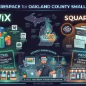 A high-tech digital infographic comparing Wix vs Squarespace for Oakland County small businesses, displaying a glowing neon Michigan map, user interface feature diagrams, and localized pros and cons panels.