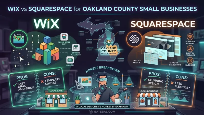 A high-tech digital infographic comparing Wix vs Squarespace for Oakland County small businesses, displaying a glowing neon Michigan map, user interface feature diagrams, and localized pros and cons panels.
