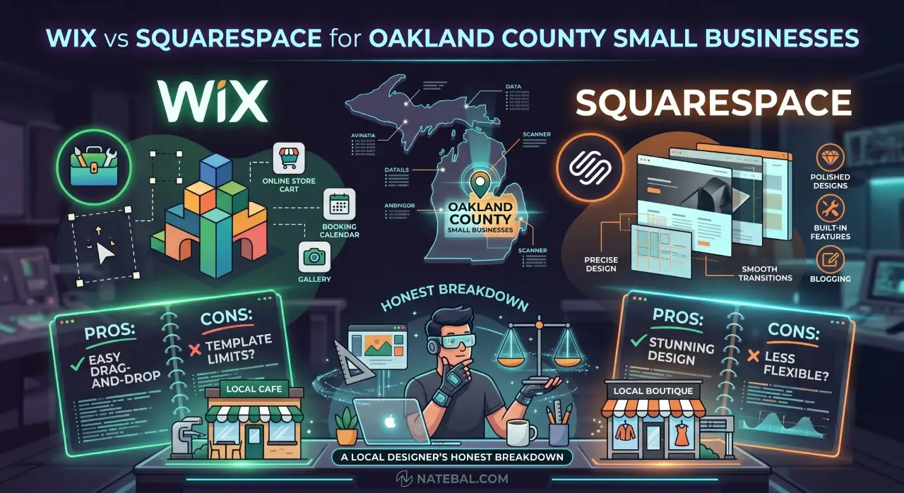 A high-tech digital infographic comparing Wix vs Squarespace for Oakland County small businesses, displaying a glowing neon Michigan map, user interface feature diagrams, and localized pros and cons panels.