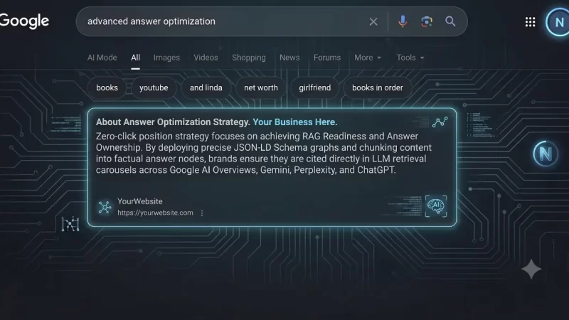 High-tech dark mode Google SERP showing a simulated Position Zero answer card optimized for a generic business website domain to demonstrate how to get mentioned in Google AI Overviews.